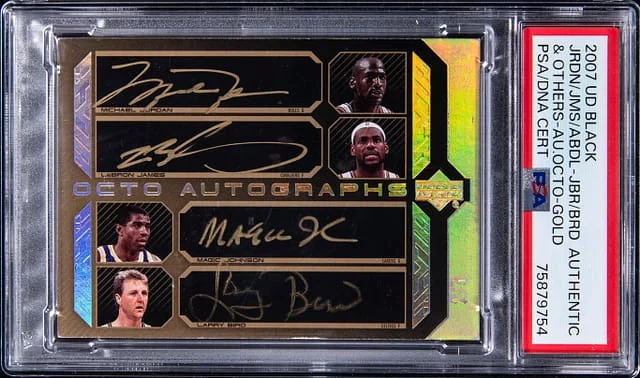 2007-08 Upper Deck Black Jordan/James/Johnson/Bird/Erving/Abdul-Jabbar/Olajuwon/Russell Multi-Signed Octo Autographs Gold #OAU-JOEJJRB card image