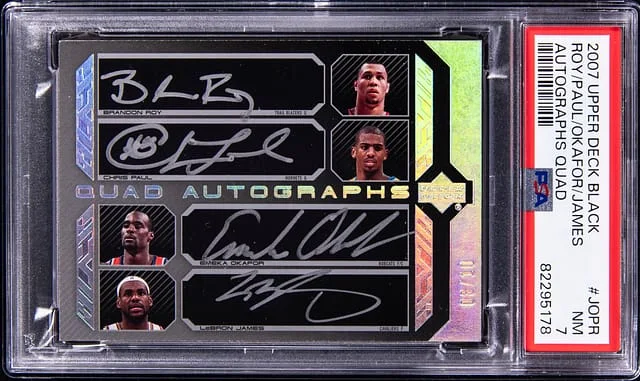 2007-08 Upper Deck Black LeBron James/Brandon Roy/Chris Paul/Emeka Okafor Multi-Signed Card - Paul's Jersey Number Quad Autographs #QAU-JOPR card image