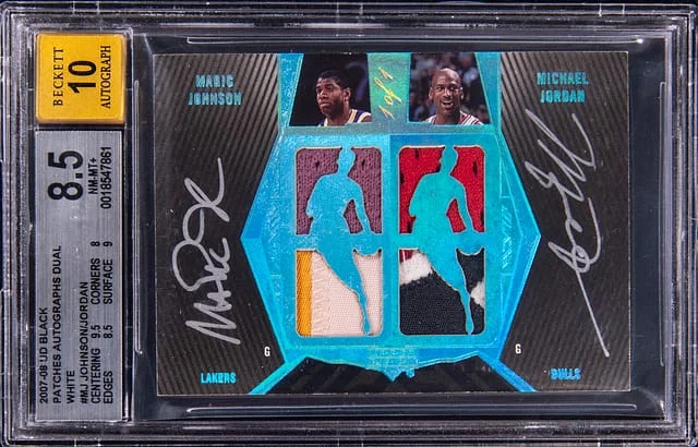 2007-08 Upper Deck Black Magic Johnson/Michael Jordan Dual Patch Autographs White #DPA-MJ card image