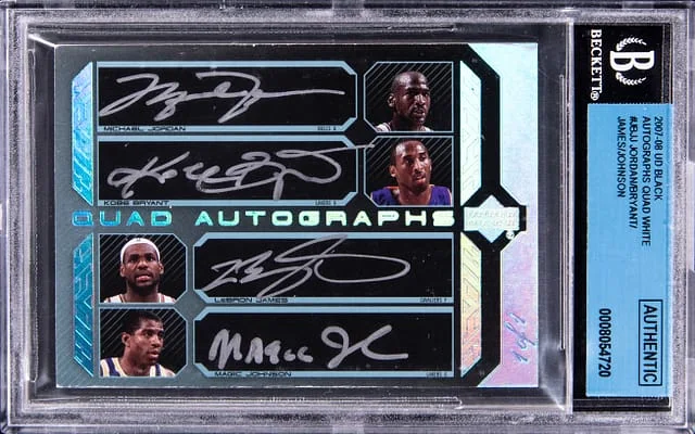 2007-08 Upper Deck Black Michael Jordan/Kobe Bryant/LeBron James/Magic Johnson Multi-Signed Autographs Quad White #QUA-JBJJ card image