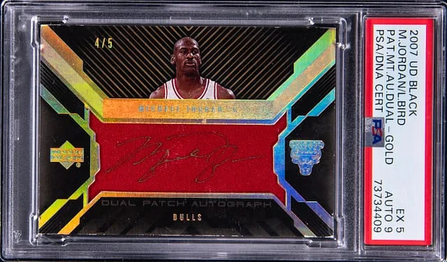 2007-08 Upper Deck Black Patch Material Autographs Dual Gold Larry Bird/Michael Jordan #no-number card image