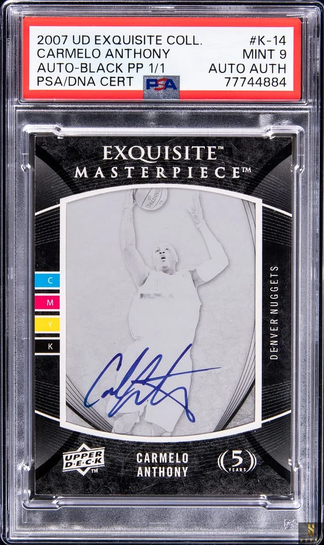 2007-08 Upper Deck Exquisite Collection Carmelo Anthony Autographs Black Printing Plate #K-14 card image