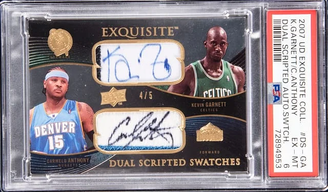 2007-08 Upper Deck Exquisite Collection Kevin Garnett/Carmelo Anthony Multi-Signed Dual Scripted Swatches #DS-GA card image