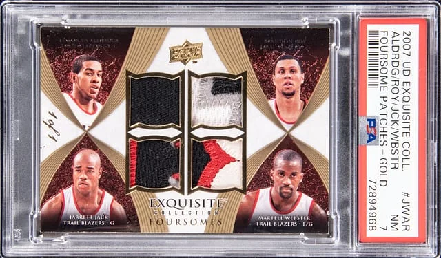 2007-08 Upper Deck Exquisite Collection LaMarcus Aldridge/Brandon Roy/Jarrett Jack/Martell Webster Foursomes Patches Gold #EF-JWAR card image