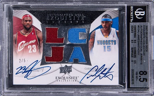 2007-08 Upper Deck Exquisite Collection LeBron James/Carmelo Anthony Autographed Dual Jerseys #ED-AJ card image