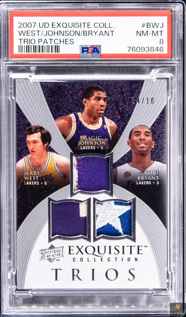 2007-08 Upper Deck Exquisite Collection Magic Johnson/Jerry West/Kobe Bryant Game-Used Trio Patches #ET-BWJ card image