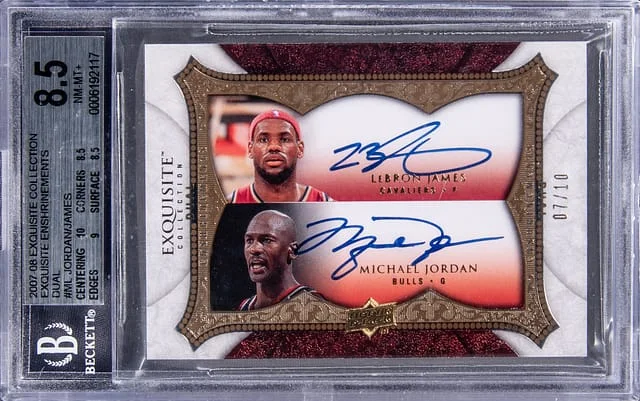 2007-08 Upper Deck Exquisite Collection Michael Jordan/LeBron James Exquisite Enshrinements Dual #DEN-ML card image