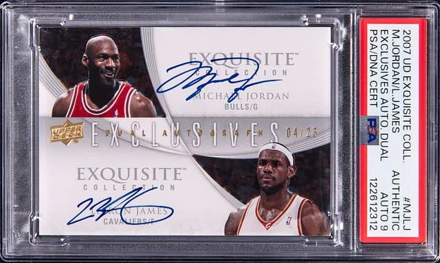 2007-08 Upper Deck Exquisite Collection Michael Jordan/LeBron James Exclusives Autographs Dual #EDA-MJ/LJ card image