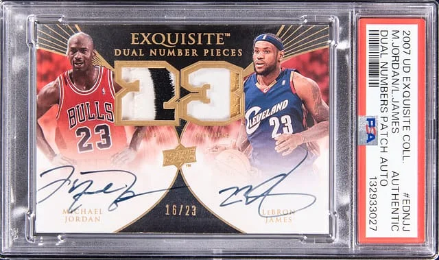 2007-08 Upper Deck Exquisite Collection Michael Jordan/LeBron James Dual Numbers Patch Autographs #EDN-JJ card image