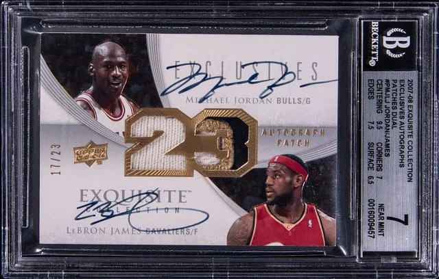 2007-08 Upper Deck Exquisite Collection Michael Jordan/LeBron James Exclusives Autographs Patches Dual #EDP-MJ/LJ card image