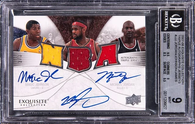 2007-08 Upper Deck Exquisite Collection Michael Jordan/Magic Johnson/LeBron James Multi-Signed Game-Used Triple Autographs Jerseys #ETA-JJJ card image