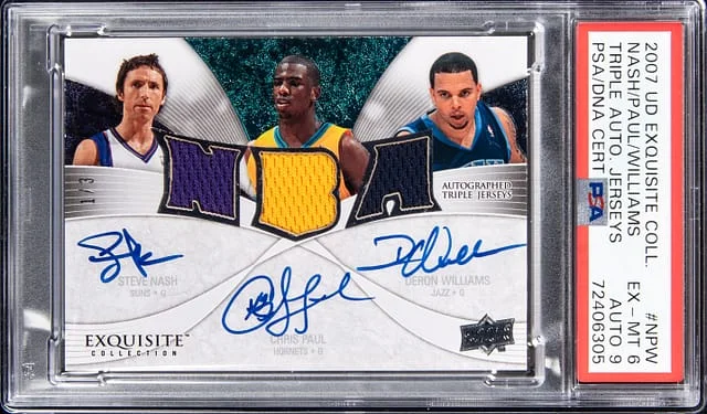 2007-08 Upper Deck Exquisite Collection Steve Nash/Chris Paul/Deron Williams Multi-Signed Triple Autograph Jerseys #ETA-NPW card image