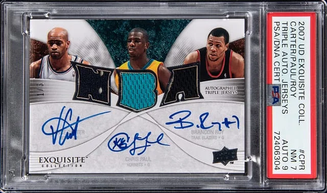 2007-08 Upper Deck Exquisite Collection Vince Carter/Chris Paul/Brandon Roy Multi-Signed Triple Autograph Jerseys #ETA-CPR card image