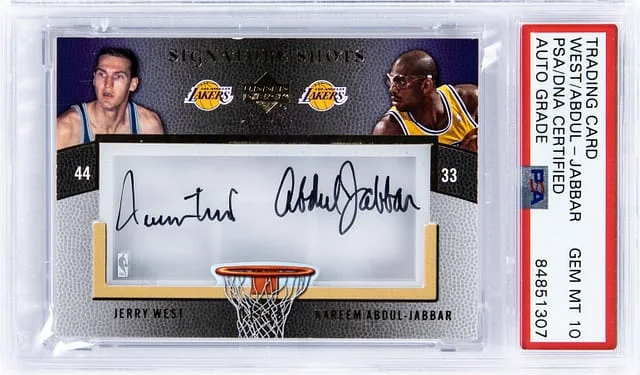 2007-08 Upper Deck Jerry West, Kareem Abdul Jabbar Dual Signature Shots #DA-WA card image