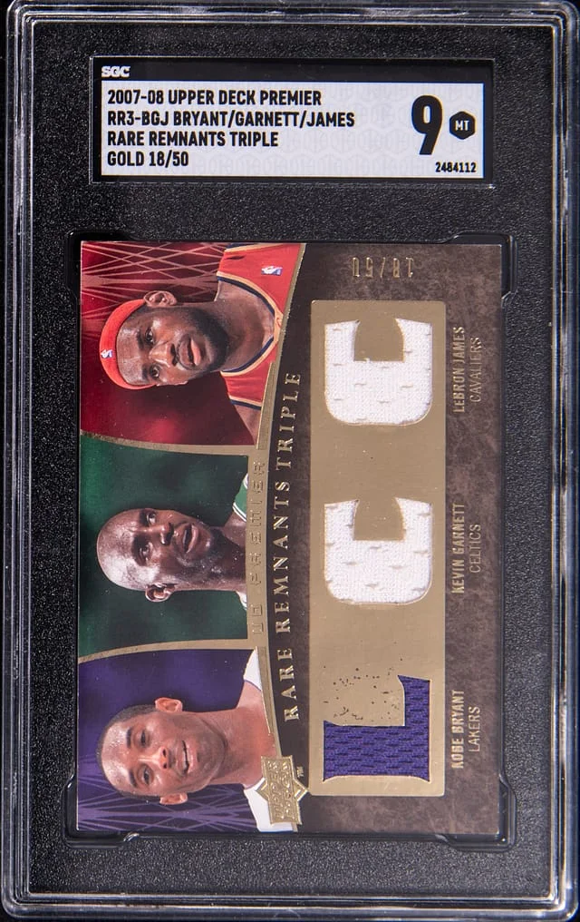 2007-08 Upper Deck Premier Kobe Bryant/Kevin Garnett/LeBron James Rare Remnants Triple #RR3-BGJ card image