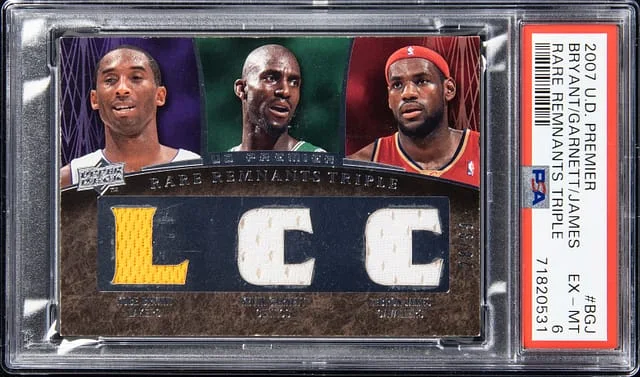2007-08 Upper Deck Premier LeBron James/Kobe Bryant/Kevin Garnett Rare Remnants Triple #RR3-BGJ card image
