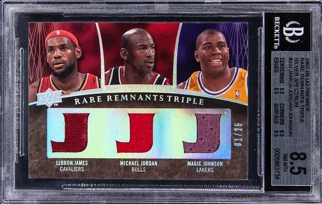 2007-08 Upper Deck Premier LeBron James/Michael Jordan/Magic Johnson Game-Used Rare Remnants Triple Silver Spectrum #RR3-JJJ card image