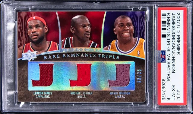 2007-08 Upper Deck Premier LeBron James/Michael Jordan/Magic Johnson Rare Remnants Triple Silver Spectrum #RR3-JJJ card image