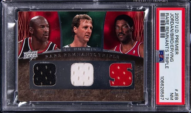 2007-08 Upper Deck Premier Michael Jordan/Larry Bird/Julius Erving Game-Used Rare Remnants Triple #RR3-JEB card image