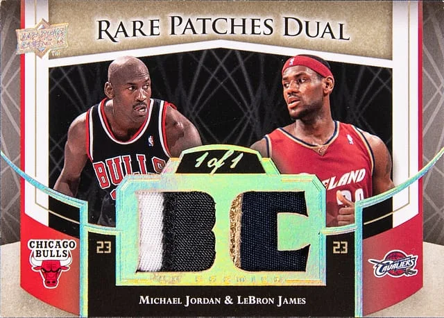 2007-08 Upper Deck Premier Michael Jordan/LeBron James Game Used-Patch Rare Patches Dual Gold Spectrum #RP2-JJ card image