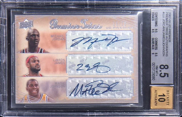 2007-08 Upper Deck Premier Michael Jordan/LeBron James/Magic Johnson Multi-Signed Trios Autographs #PT-JJJ card image