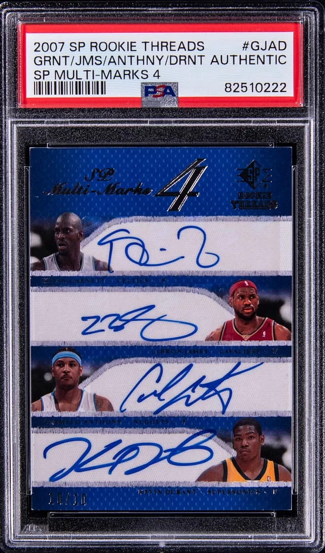 2007-08 Upper Deck SP Kevin Garnett/LeBron James/Carmelo Anthony/Kevin Durant Multi-Signed Threads SP Multi-Marks 4 #MQ-GJAD card image