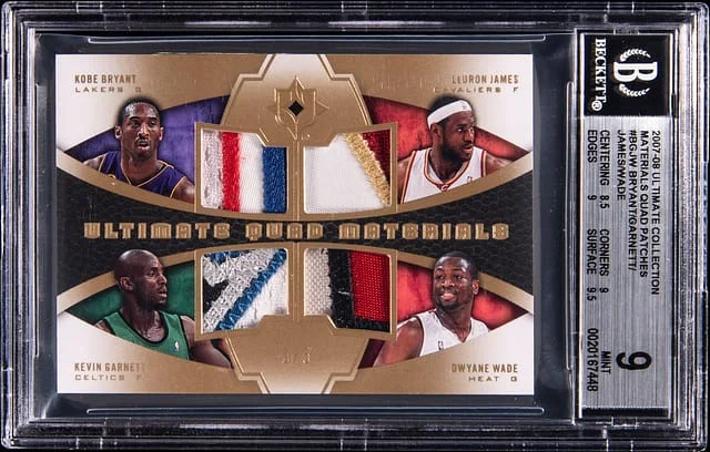 2007-08 Upper Deck Ultimate Collection Kobe Bryant/Kevin Garnett/LeBron James/Dwyane Wade Game-Used Materials Quad Patches #QM-BGJW card image