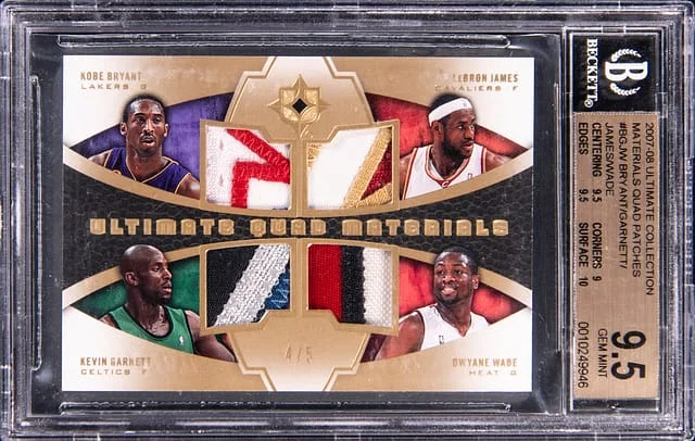 2007-08 Upper Deck Ultimate Collection Kobe Bryant/LeBron James/Dwyane Wade/Kevin Garnett Game-Used Materials Quad Patches #QM-BGJW card image