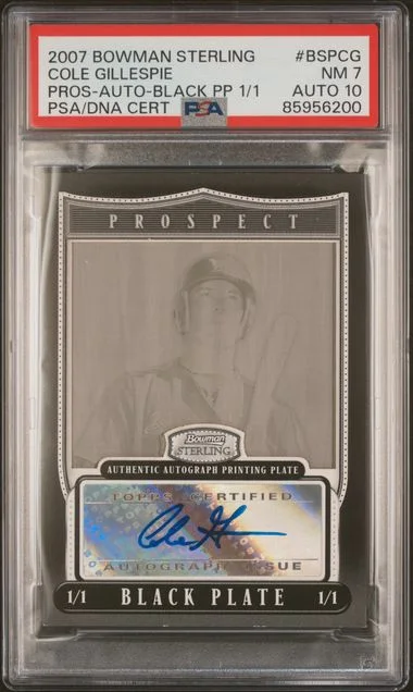 2007 Bowman Sterling Prospects Cole Gillespie Autograph-Black Printing Plate #BSPCG card image