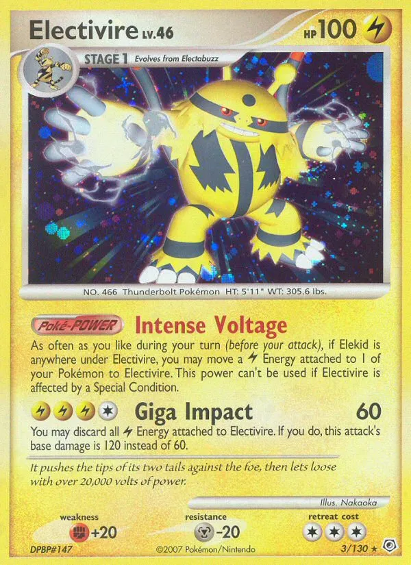 2007 Diamond & Pearl Electivire Rare Holo #003/130 Rare Holo card image