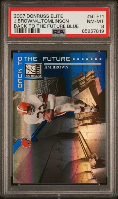 2007 Donruss Elite Jim Brown/Ladainian Tomlinson Back To The Future Blue #BTF11 card image