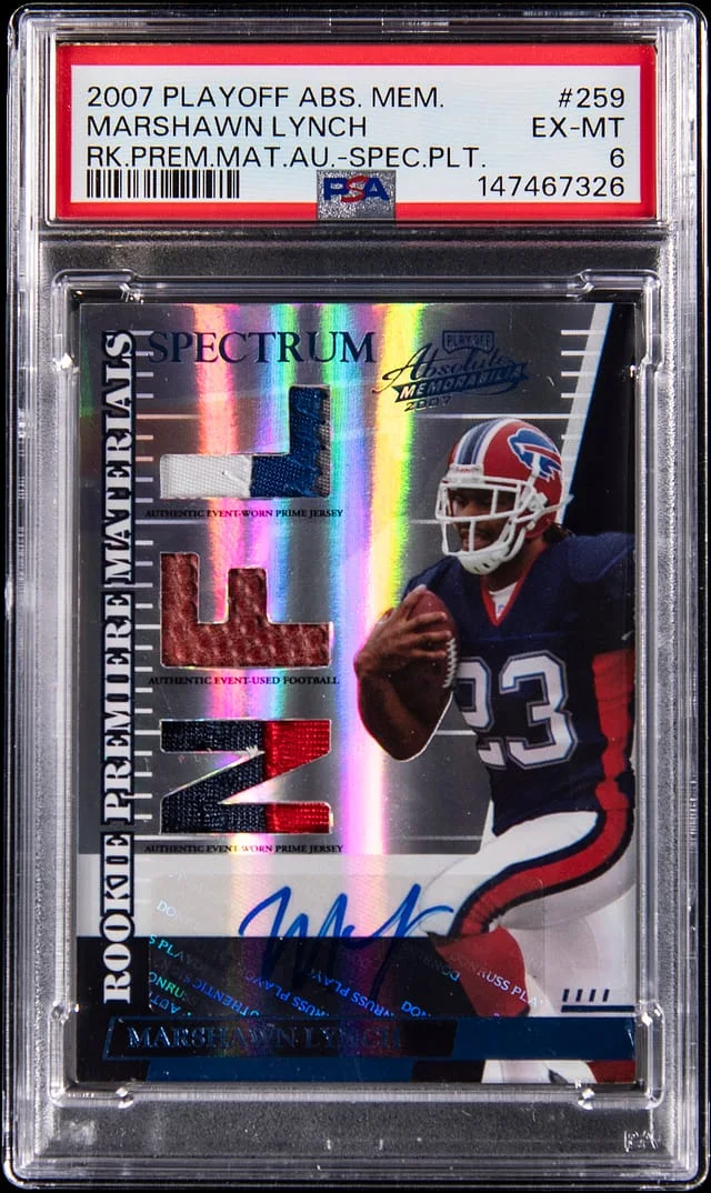 2007 Donruss Marshawn Lynch Playoff Absolute Memorabilia Premiere Materials Autographs Spectrum Platinum #259 card image