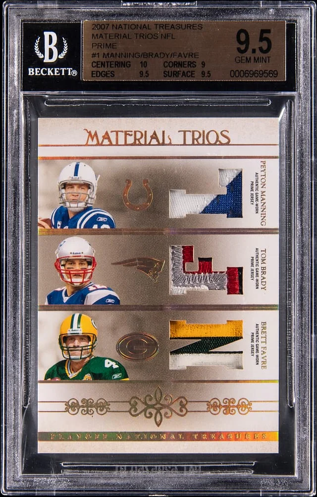 2007 Donruss Peyton Manning/Tom Brady/Brett Favre Multi-Patch Playoff National Treasures Material Trios NFL Prime #MT-PMTBBF card image
