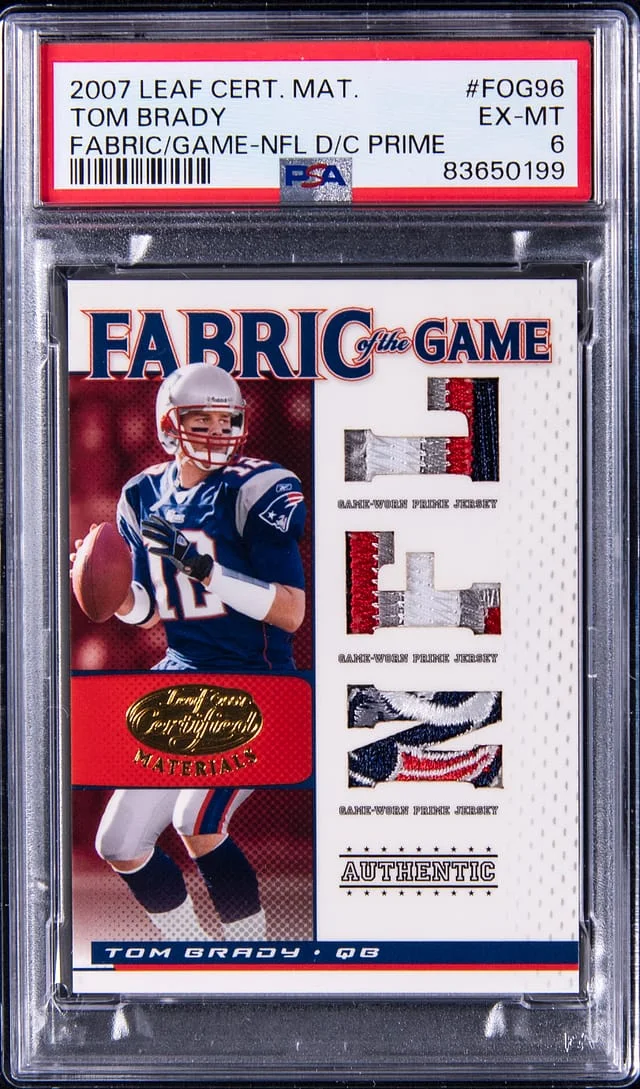 2007 Leaf Certified Materials Tom Brady Fabrics of the Game NFL D/C Prime #FOG96 card image