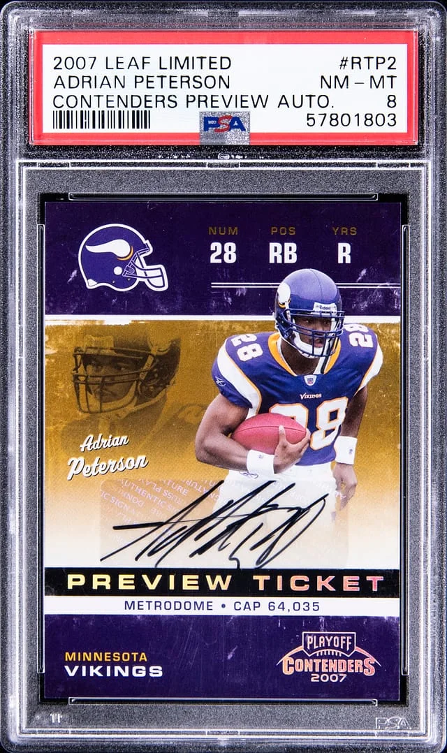 2007 Leaf Limited Adrian Peterson Contenders Preview Autograph #RTP2 card image