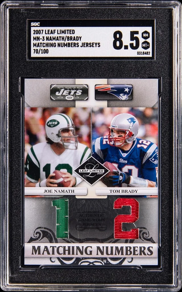 2007 Leaf Limited Joe Namath/Tom Brady Matching Numbers Jerseys #MN-3 card image