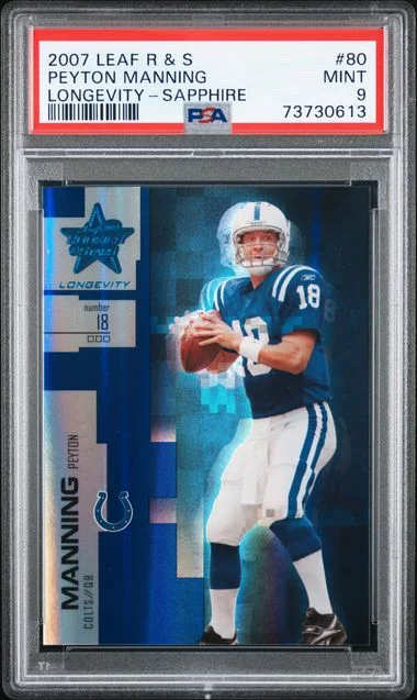 2007 Leaf Rookies & Stars Peyton Manning Longevity Sapphire #80 card image
