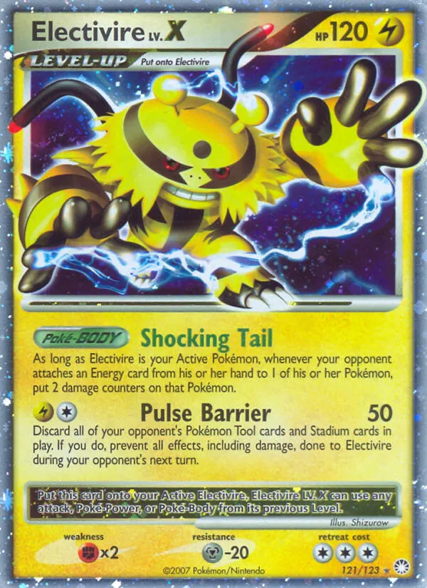 2007 Mysterious Treasures Electivire LV.X Rare Holo LV.X #121/123 Rare Holo LV.X card image