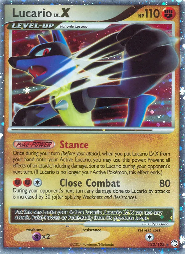 2007 Mysterious Treasures Lucario LV.X Rare Holo LV.X #122/123 Rare Holo LV.X card image