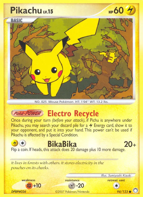 2007 Mysterious Treasures Pikachu Common #094/123 Common card image