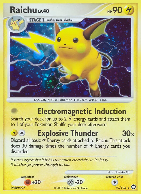 2007 Mysterious Treasures Raichu Rare Holo #015/123 Rare Holo card image