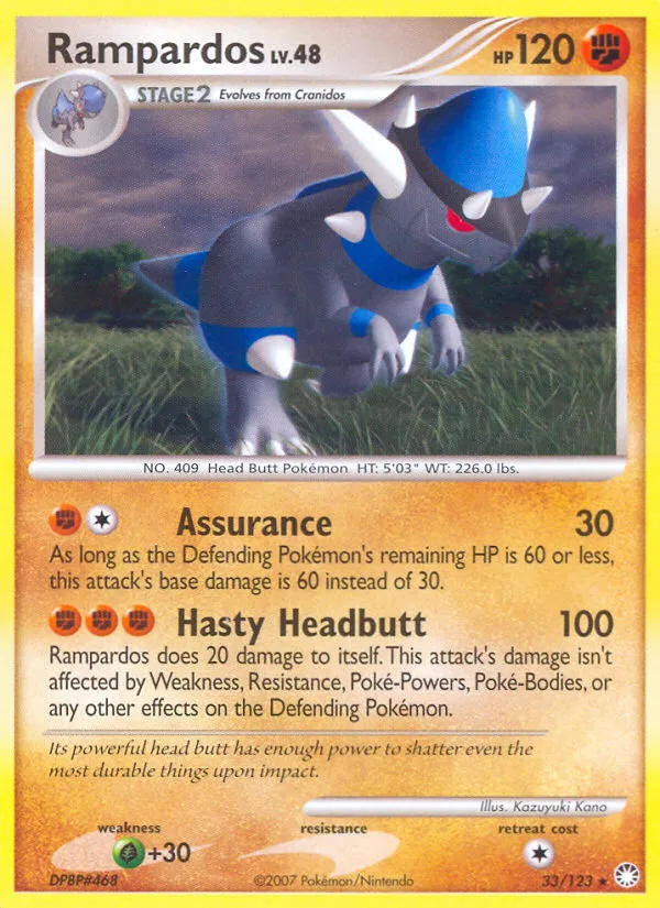 2007 Mysterious Treasures Rampardos Rare #033/123 Rare card image