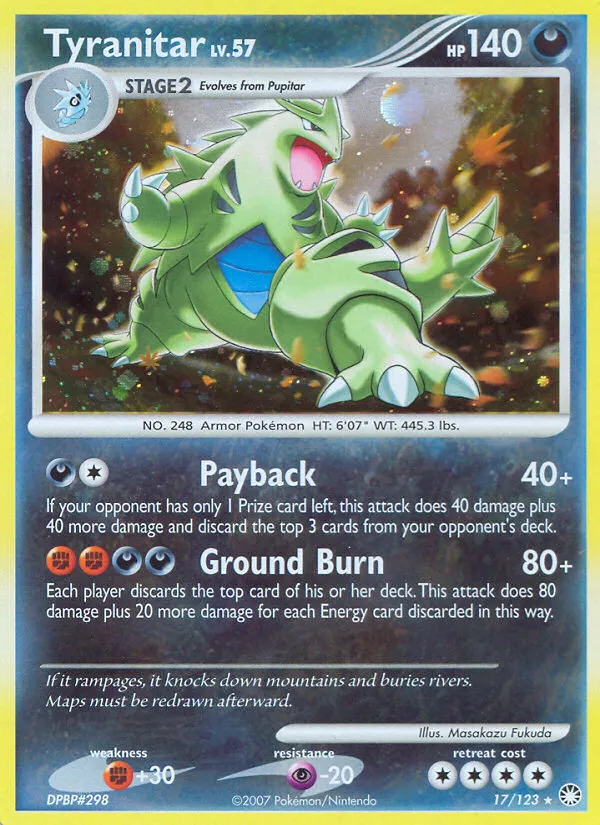 2007 Mysterious Treasures Tyranitar Rare Holo #017/123 Rare Holo card image