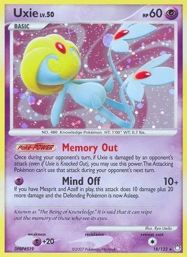2007 Mysterious Treasures Uxie Rare Holo #018/123 Rare Holo card image