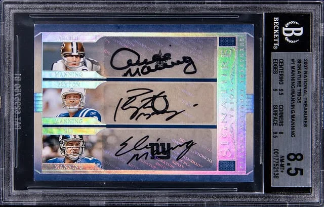 2007 Playoff Archie Manning/Peyton Manning/Eli Manning Multi-Signed Card - Archie's Jersey Number National Treasures Signature Trios #ST-AMPMEM card image