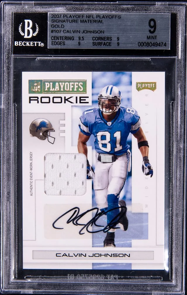 2007 Playoff Calvin Johnson NFL Playoffs Signature Material Gold #107 card image