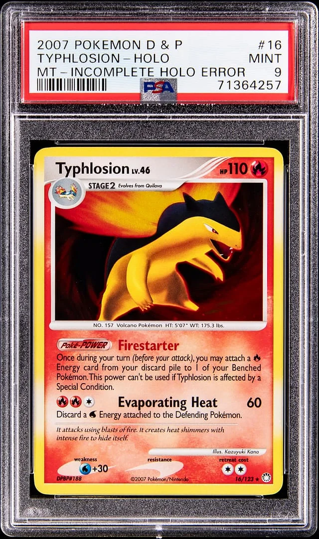 2007 Pokemon Diamond & Pearl Mysterious Treasures Holo Error Typhlosion #16 card image