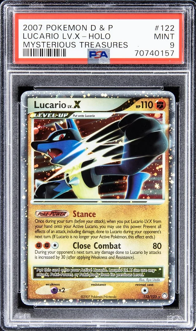 2007 Pokemon Diamond & Pearl Mysterious Treasures Rare Holofoil Lucario LV. X #122 card image