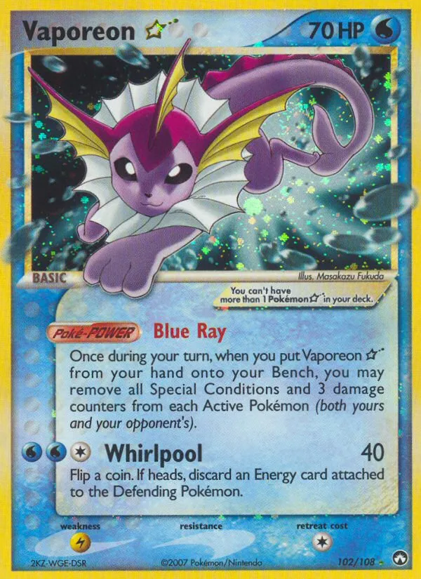2007 Power Keepers Vaporeon ★ Rare Holo Star #102/108 Rare Holo Star card image
