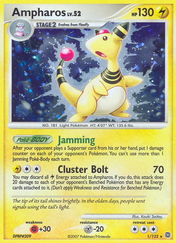 2007 Secret Wonders Ampharos Rare Holo #001/132 Rare Holo card image